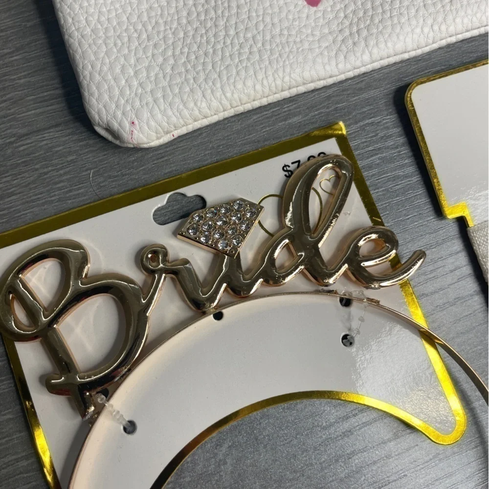 Bridal Gold Headpiece, 6pc Hair Ties, Bride Tribe Pouch with Scrunchie
